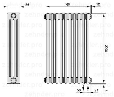 Схема (чертеж) Радиатор Zehnder Charleston 4200/10 №5510 Белый глянцевый RAL 9016
